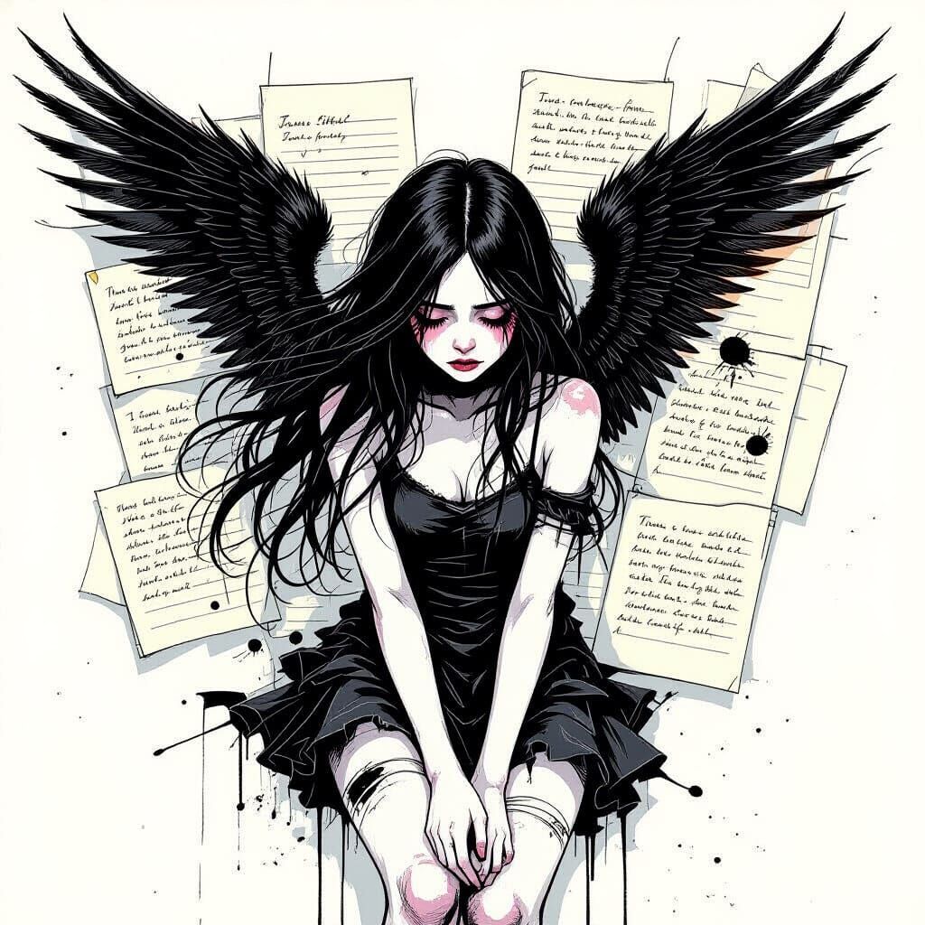 Melancholic Angel Girl in Expressive Ink Style