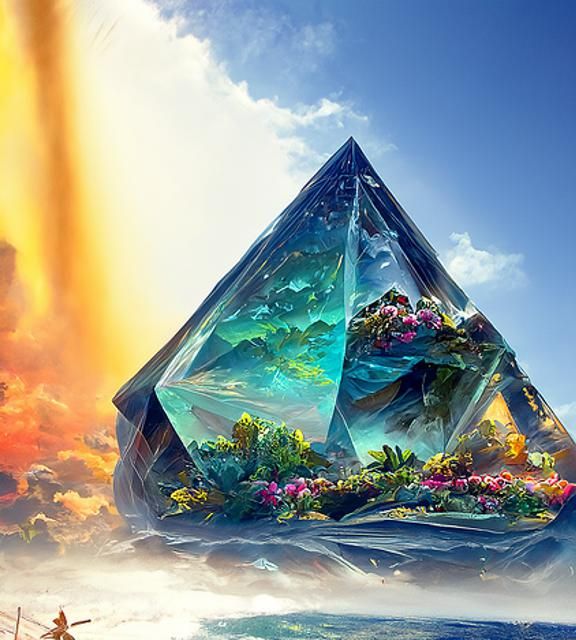 Crystal Pyramid in Surreal Landscape: Digital Art