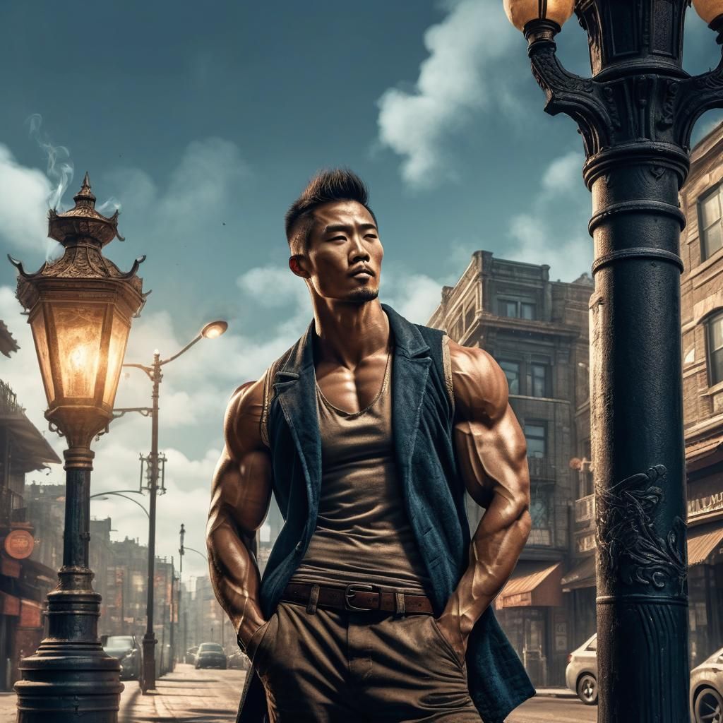 Chinese Ink Sketch: Young Man Smoking by Lamppost