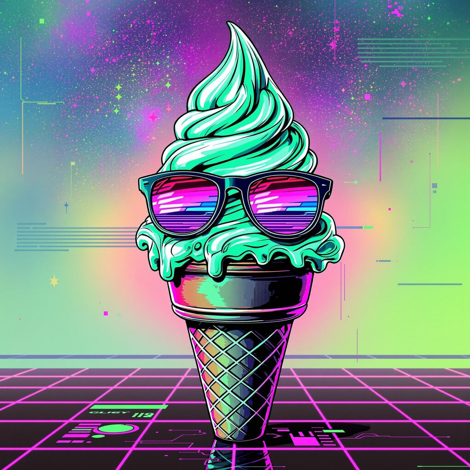 Mint Ice Cream Cone in Synthwave Glitchcore Style