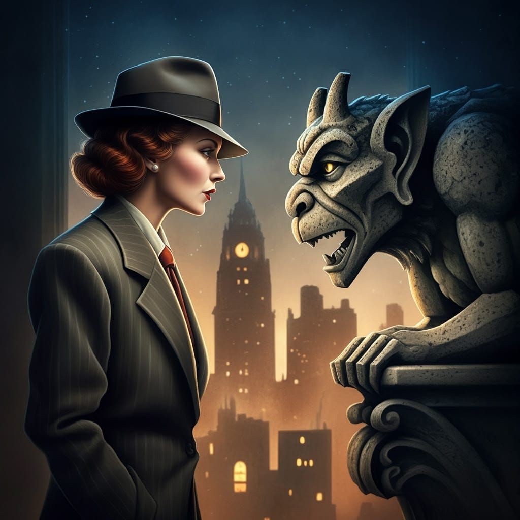 Whimsical 1940s Female Detective in Film Noir Office