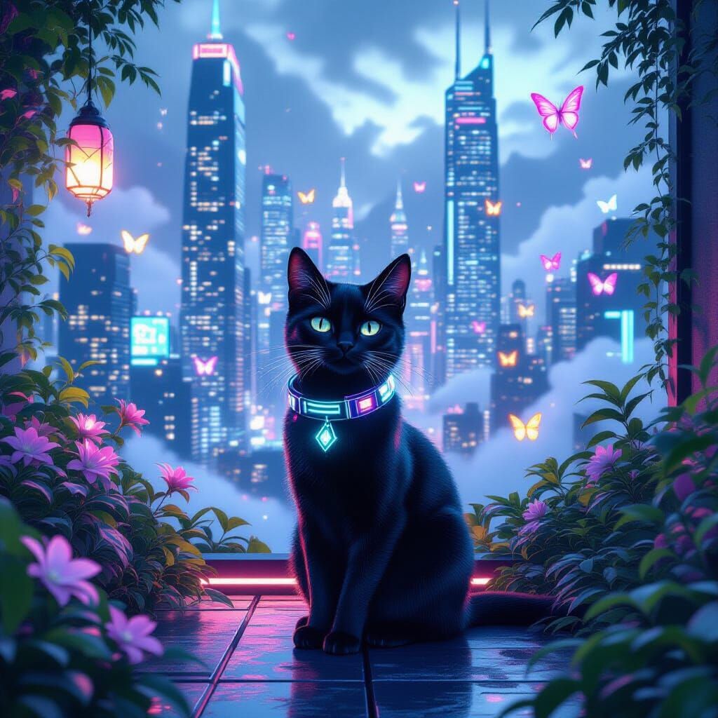 Black Cat on Futuristic Rooftop Garden