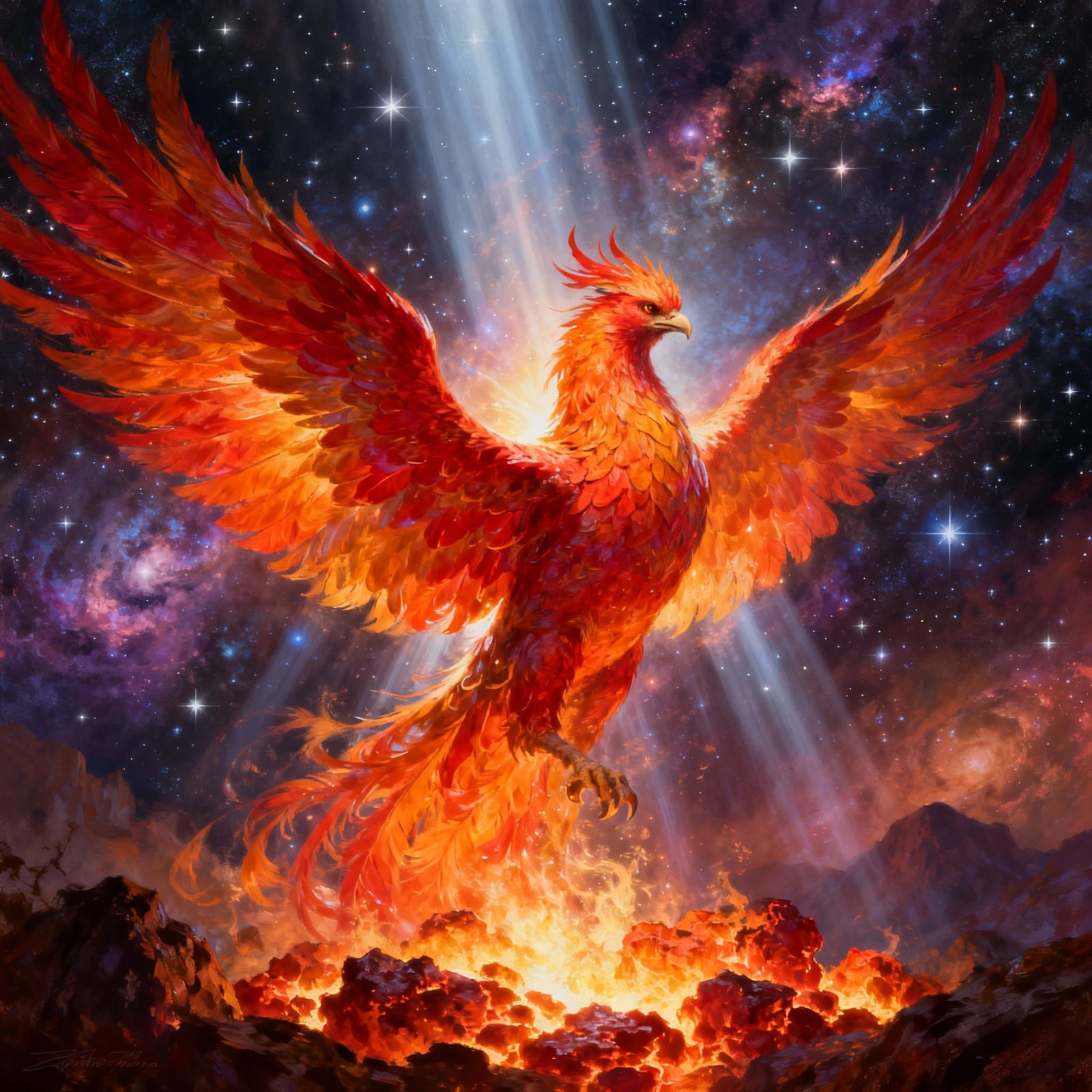 Majestic Phoenix Rises From Embers in Cosmic Nebula