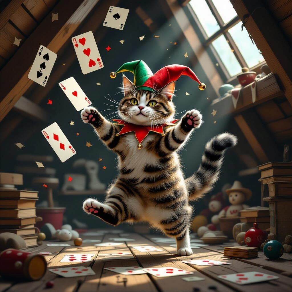 Mischievous Cat Leaps for Falling Cards in Dusty Attic