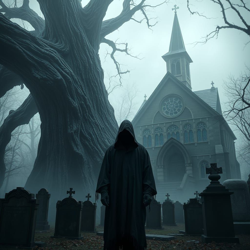Colossal Tree Monster Looms Over Hooded Figure in Fog-Shroud...