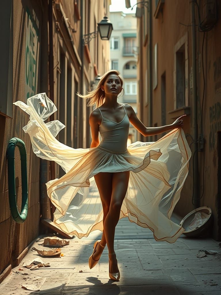 Ballerina of Trash Dancing in City Alleyway