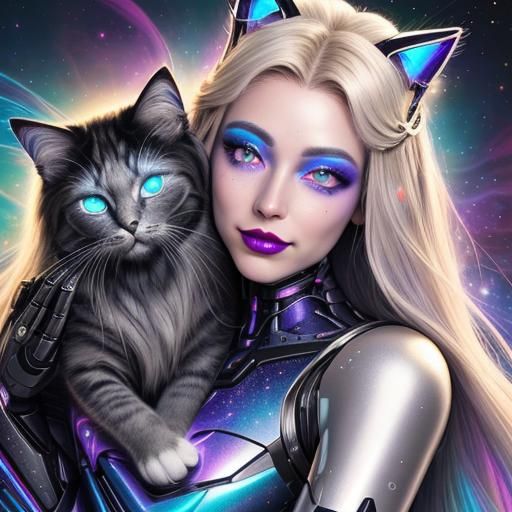 Cyborg Hugging Robotic Cat in Cosmic Space