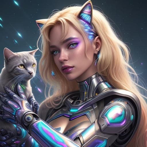 Cyborg Woman Hugging Robotic Cat in Cosmic Art Style