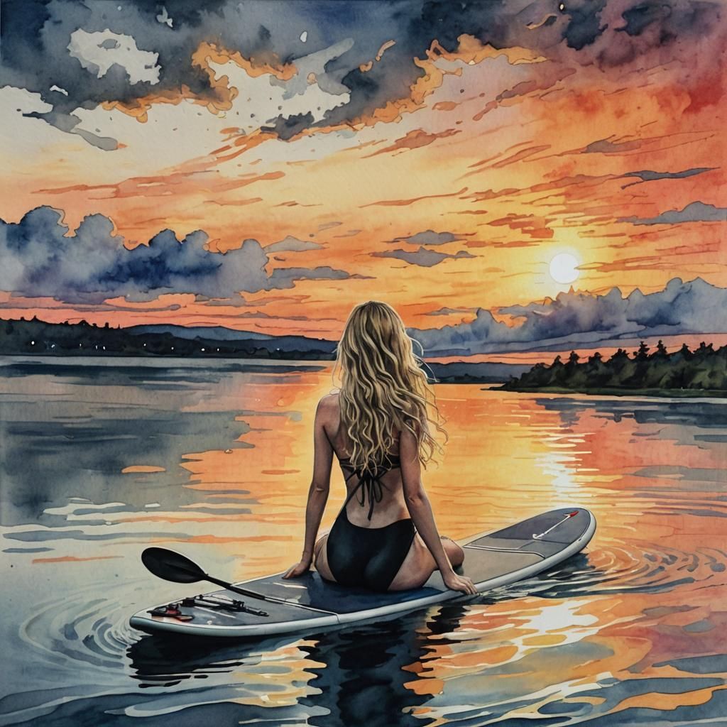 Girl on Paddleboard at Sunset: Watercolor Painting