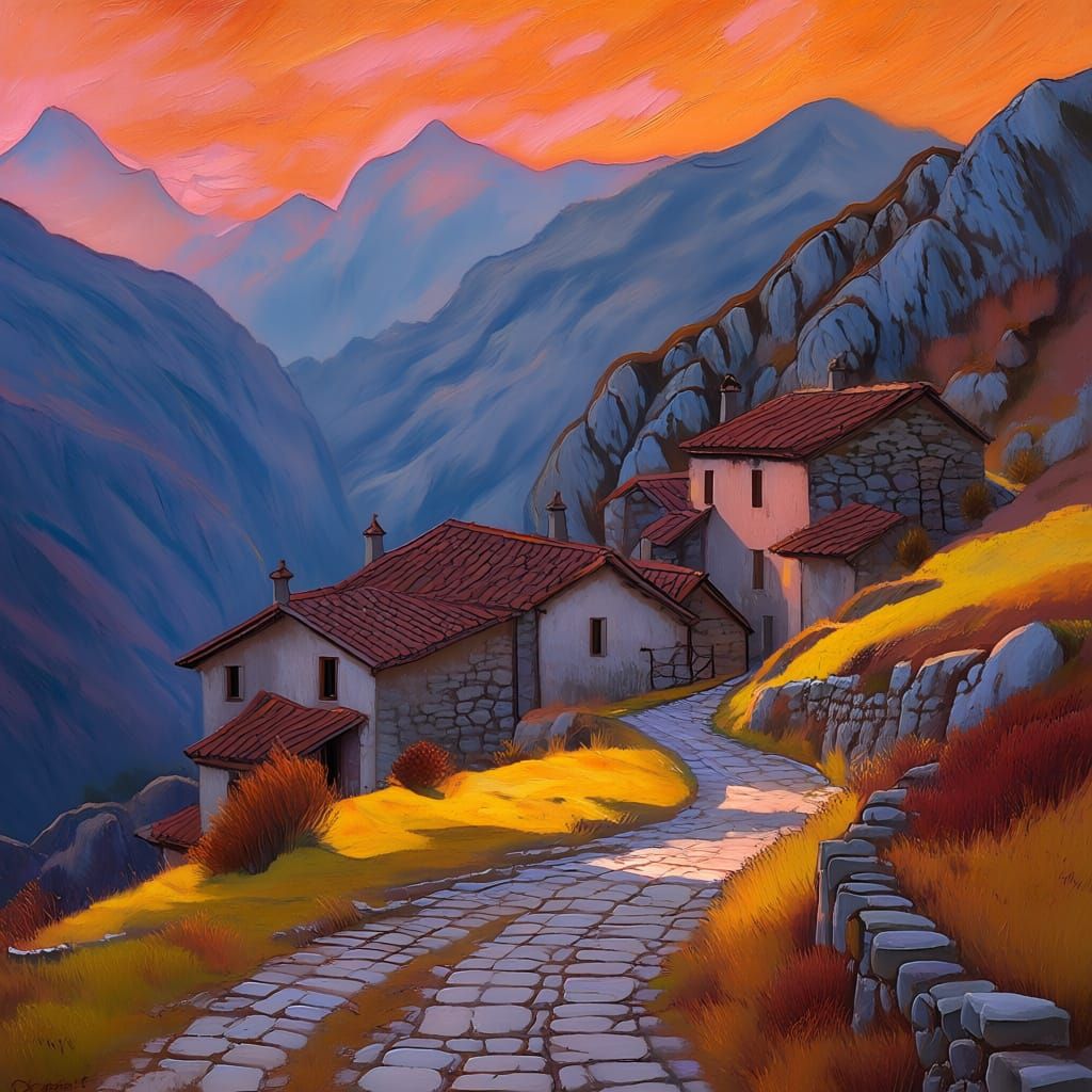 Serene Mountain Village Oil Painting with Golden Light