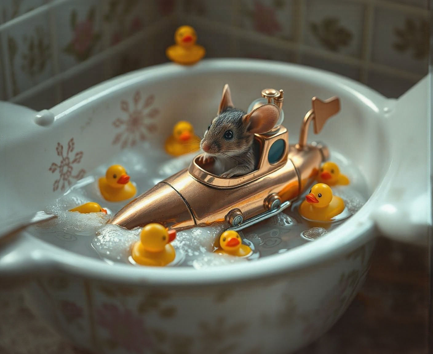 Mouse Submarine in Bathtub, Hyperrealistic Detail