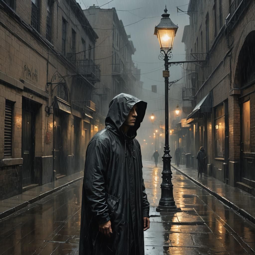 Mysterious Figure in Rain-Soaked Alleyway, Dark Fantasy Art