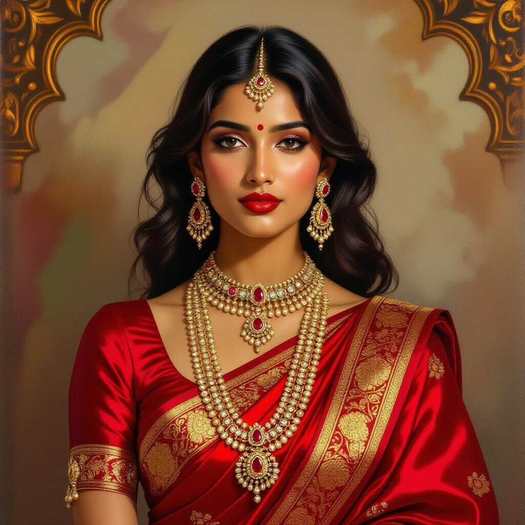 Woman in Red Saree with Ruby Jewelry, Pre-Raphaelite Style