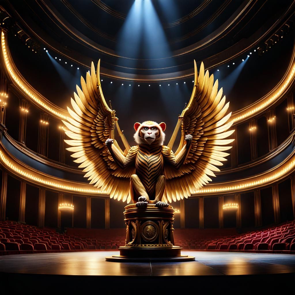 Winged Tiger Monkey Harping in Spotlight, Detailed Matte Pai...