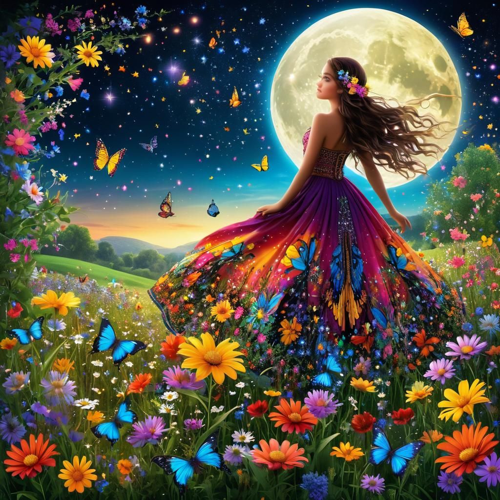Enchanted Gypsy Under a Colorful Moonlit Sky