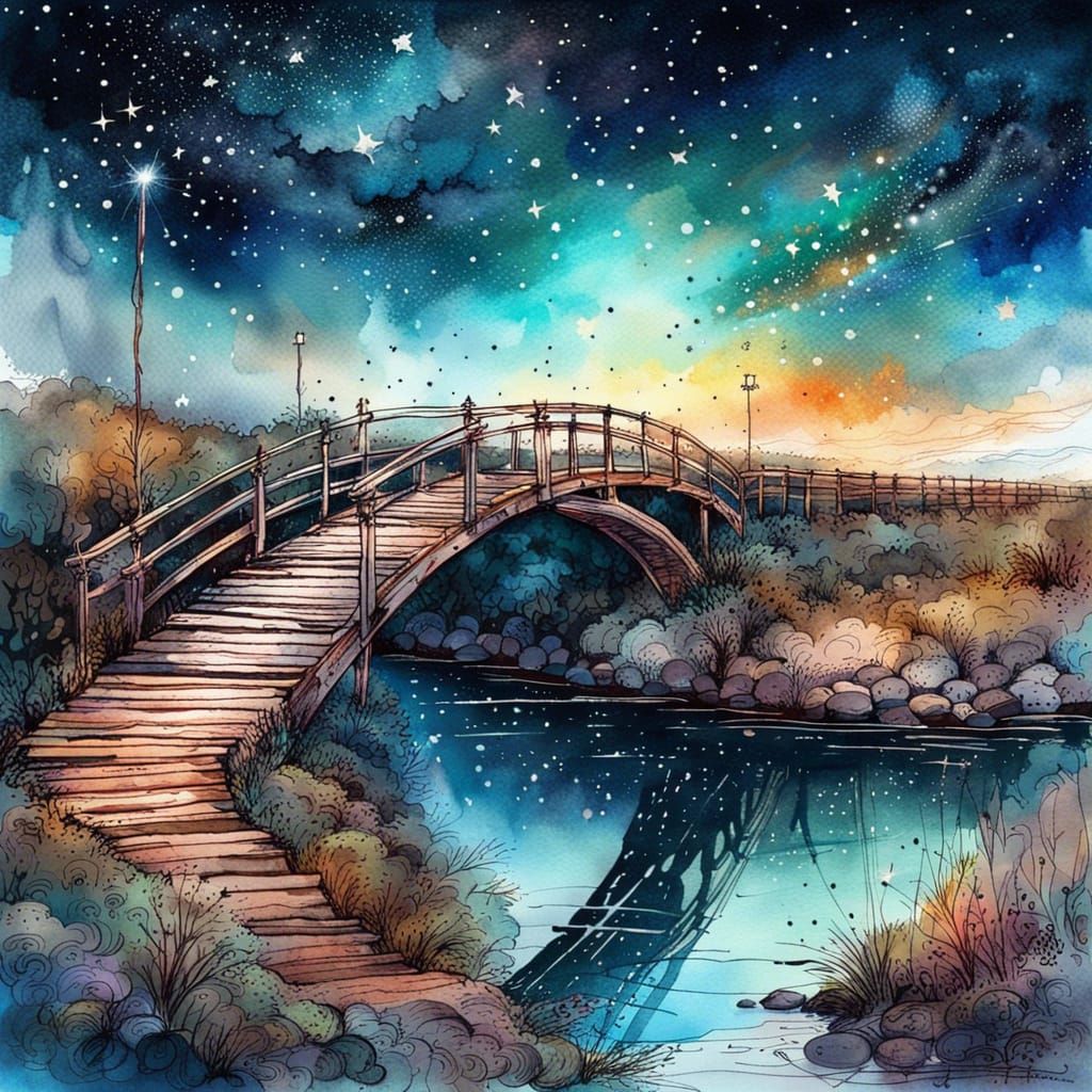 Spectacular Starry Night Bridge Watercolor Illustration