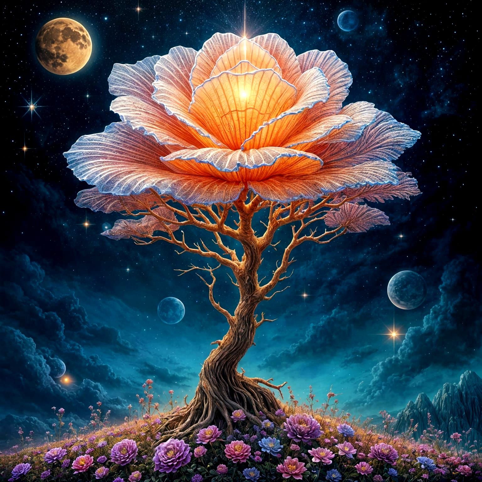 Luminescent Crystal Rose in Alien Landscape