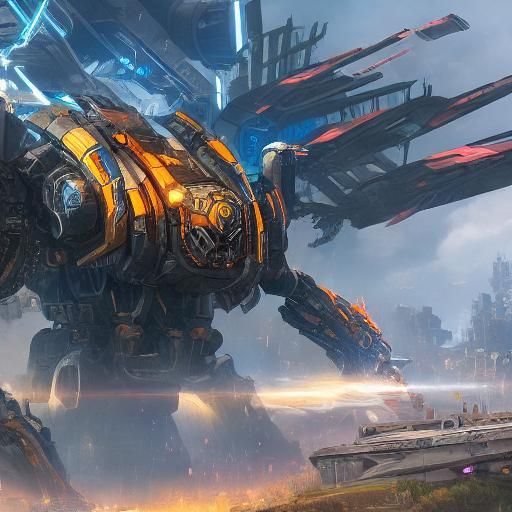 Giant Winged Mech Warrior with Laser Sword