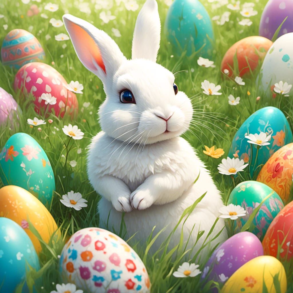 Watercolor Bunny Portrait with Easter Eggs