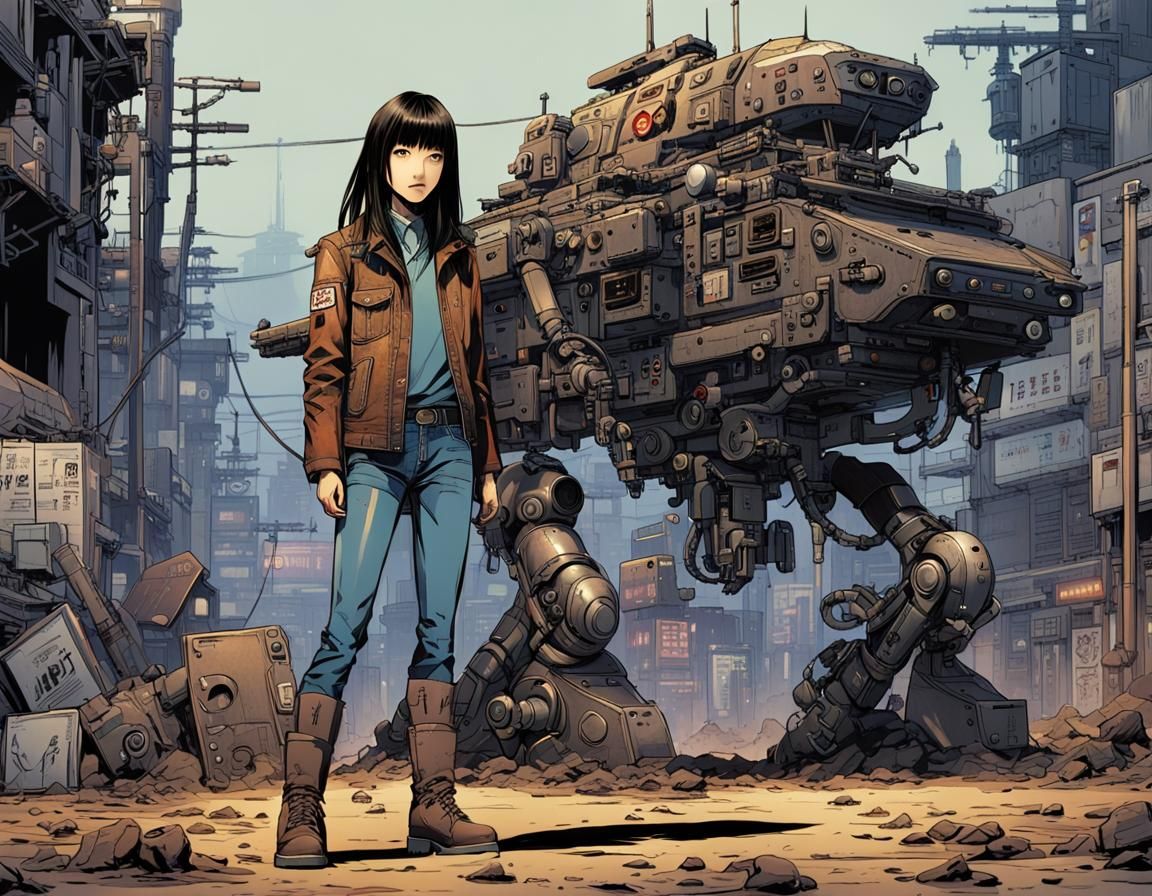 Post-Nuclear Gunfighter and Robot Companion in Manga Style