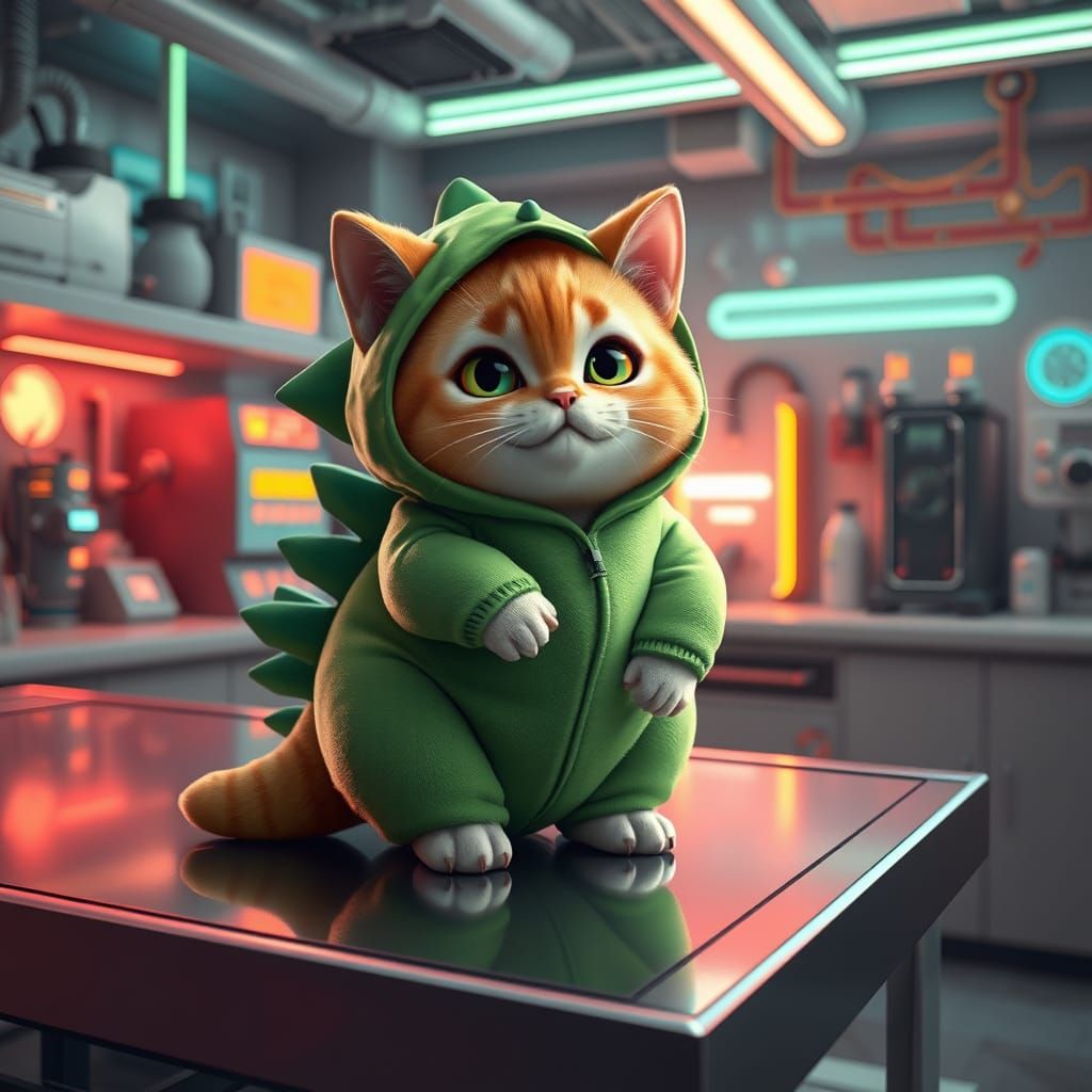 Stunning Anime-Inspired Cat in Dinosaur Onesie