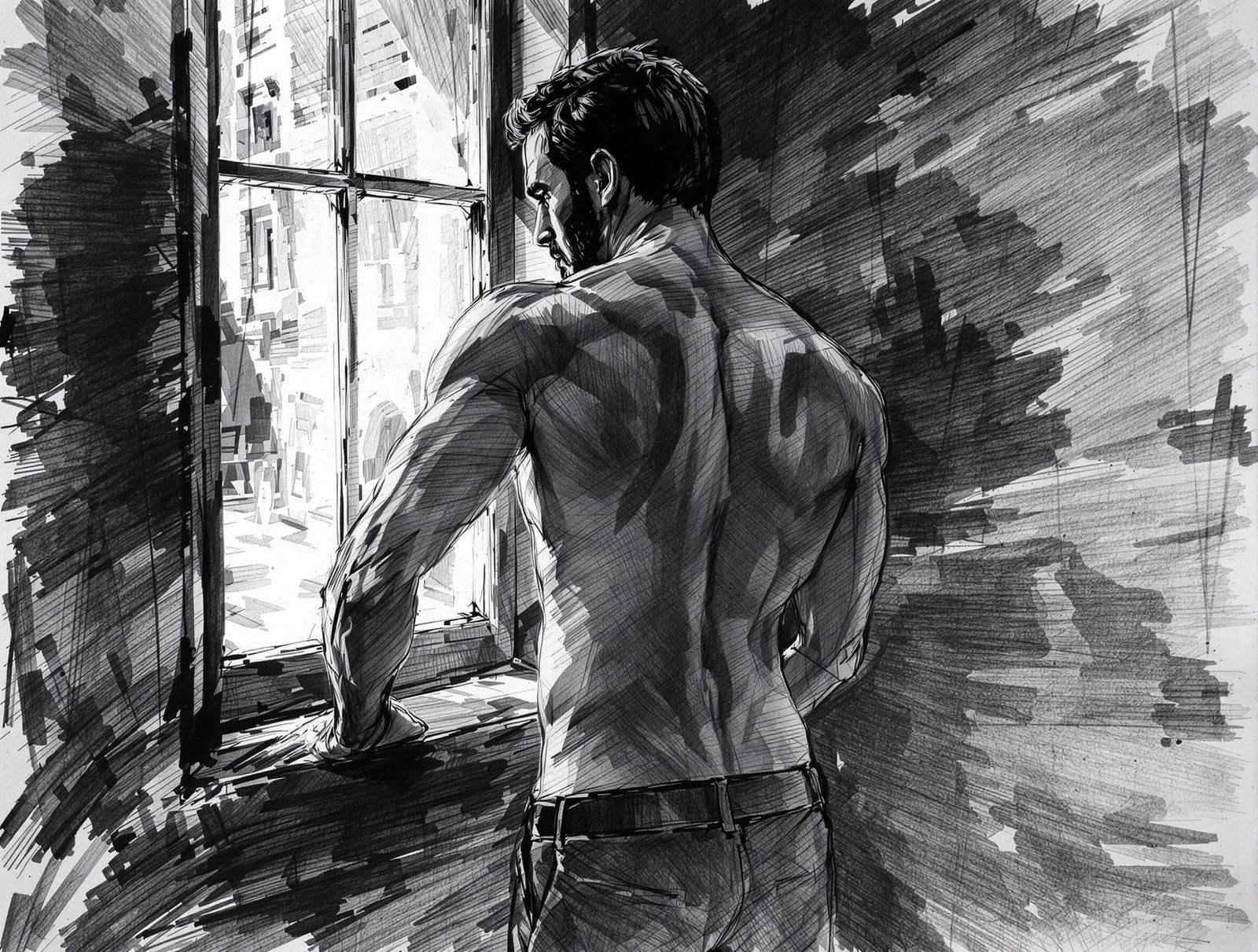 Man at Window: Detailed Charcoal Sketch in Chiaroscuro Style