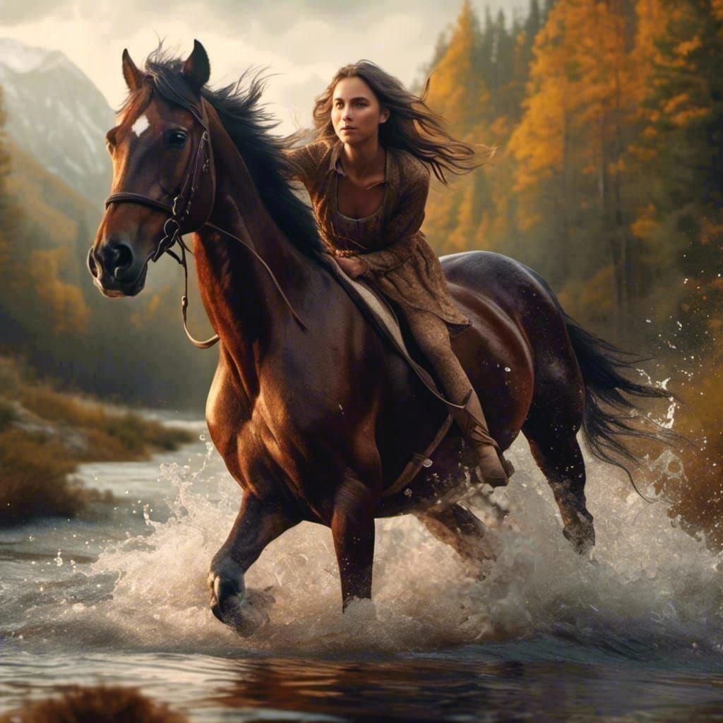 Happy Girl Riding Horse in Hyperrealistic Style