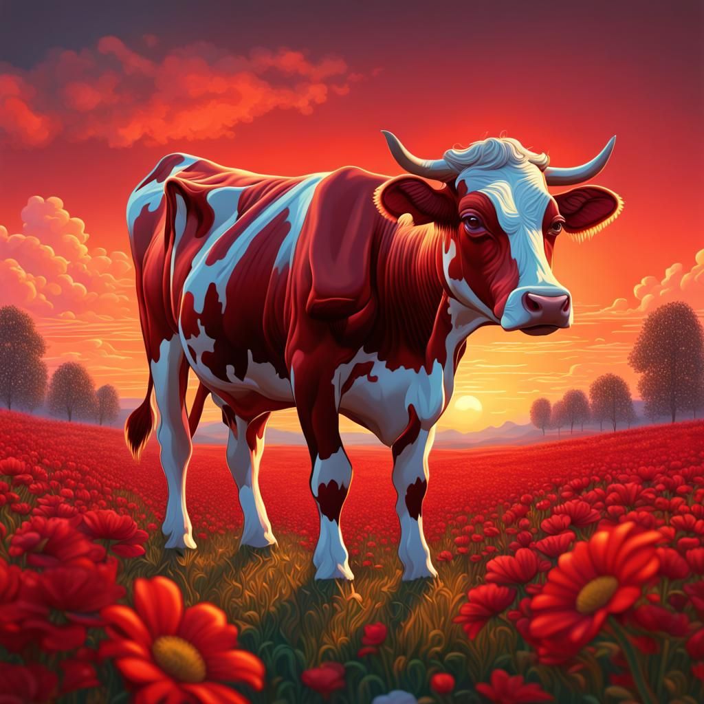 Cow Grazing Flowers in Art Nouveau Style