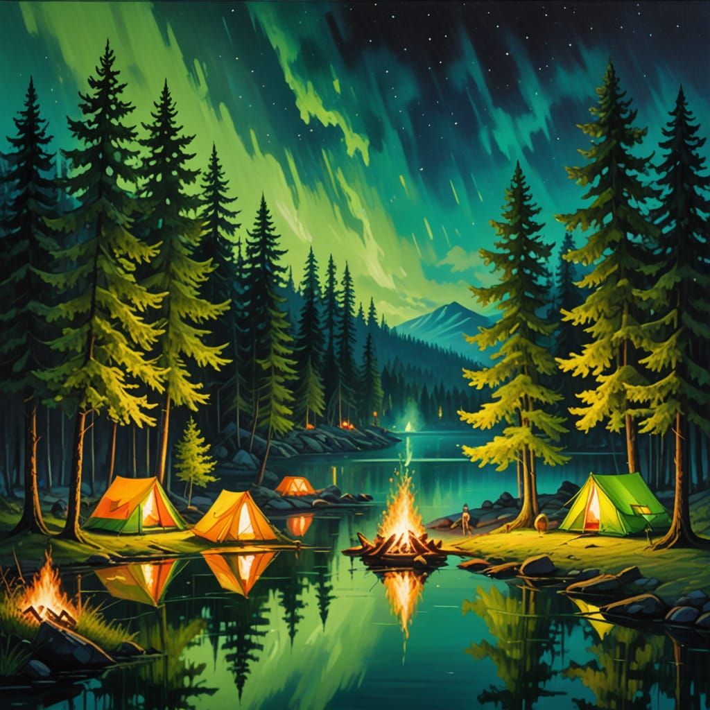Neon Night Camping Scene in Oil Painting Style