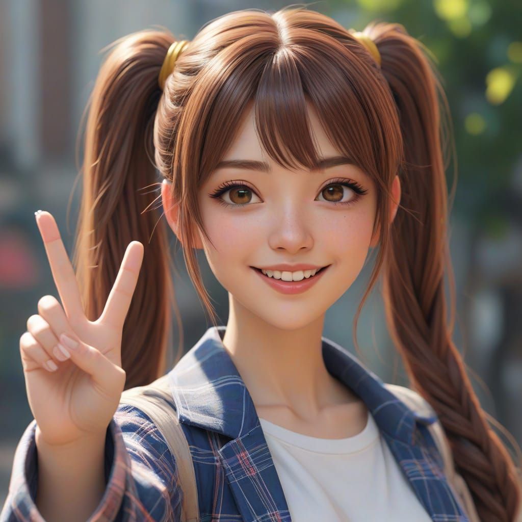 Anime Cosplayer Girl in Cartoon Style Making Peace Sign