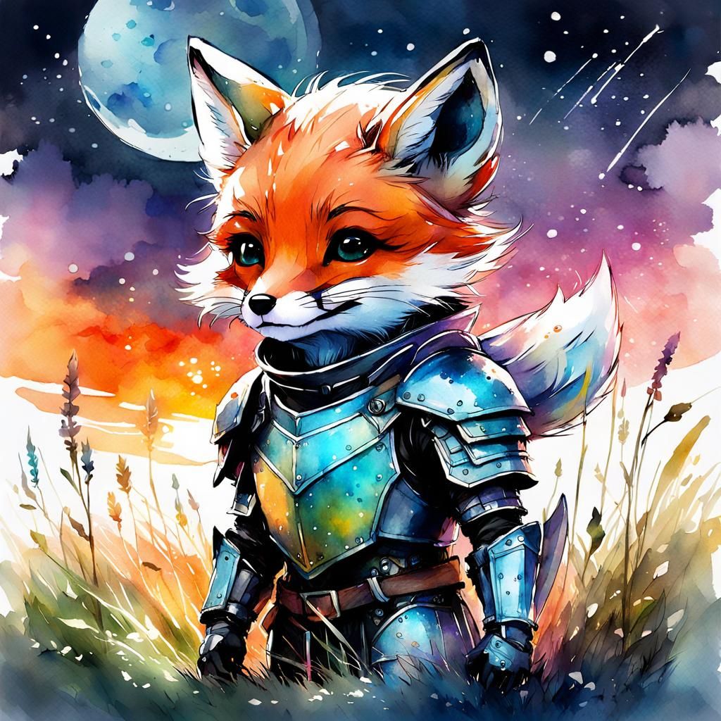 Chibi Fox Knight in Sci-Fi Meadow Watercolor