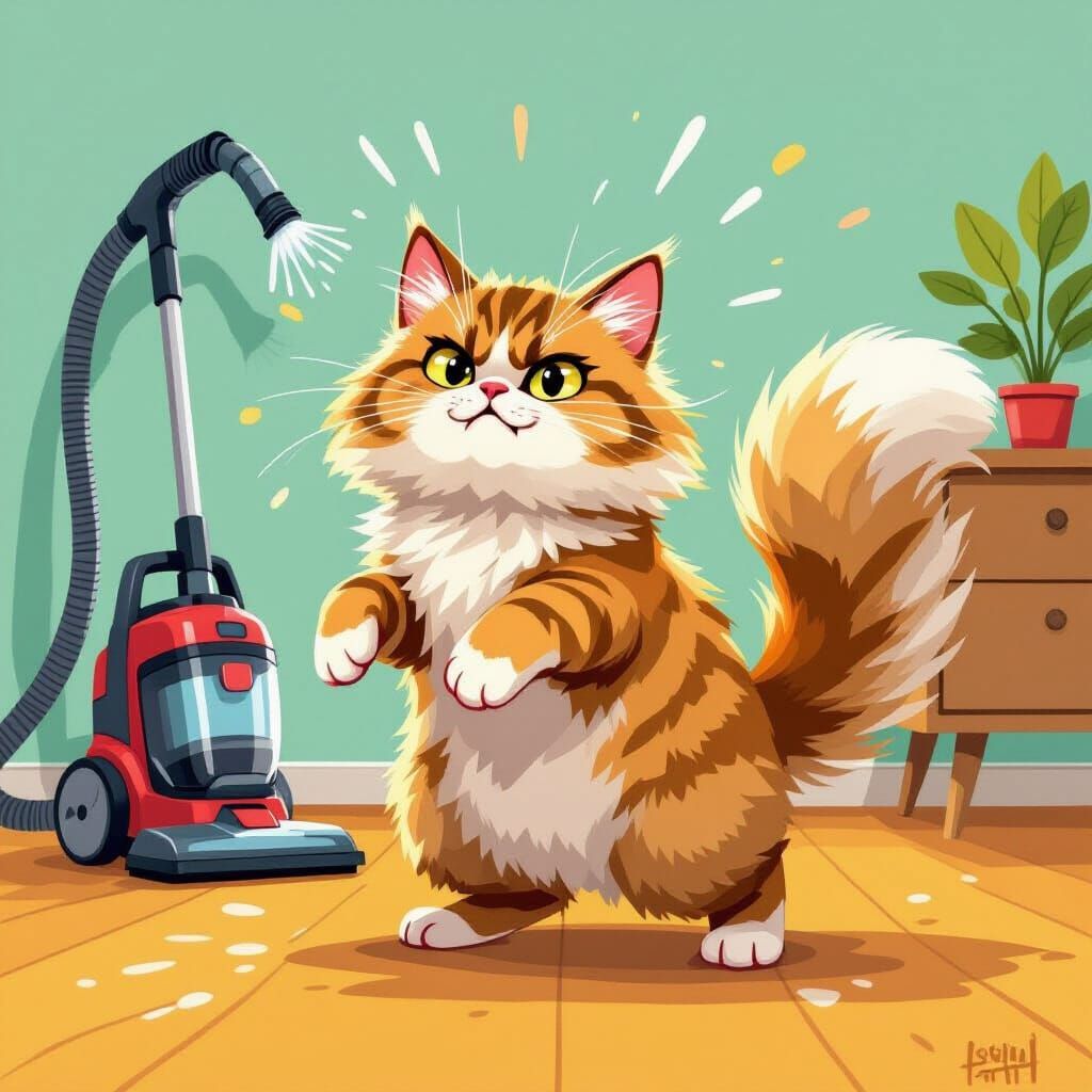 Furious Cat vs. Vacuum in Whimsical Illustration Style