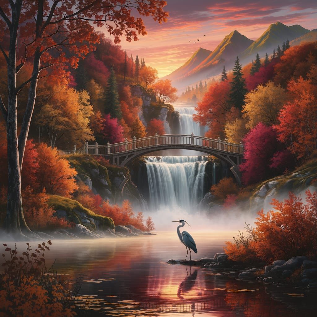 Fairytale Autumn Waterfall Scene with Heron