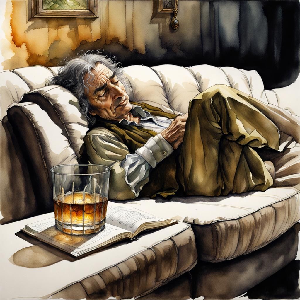 Tired Hobbit Sleeping: Chiaroscuro Fantasy Illustration