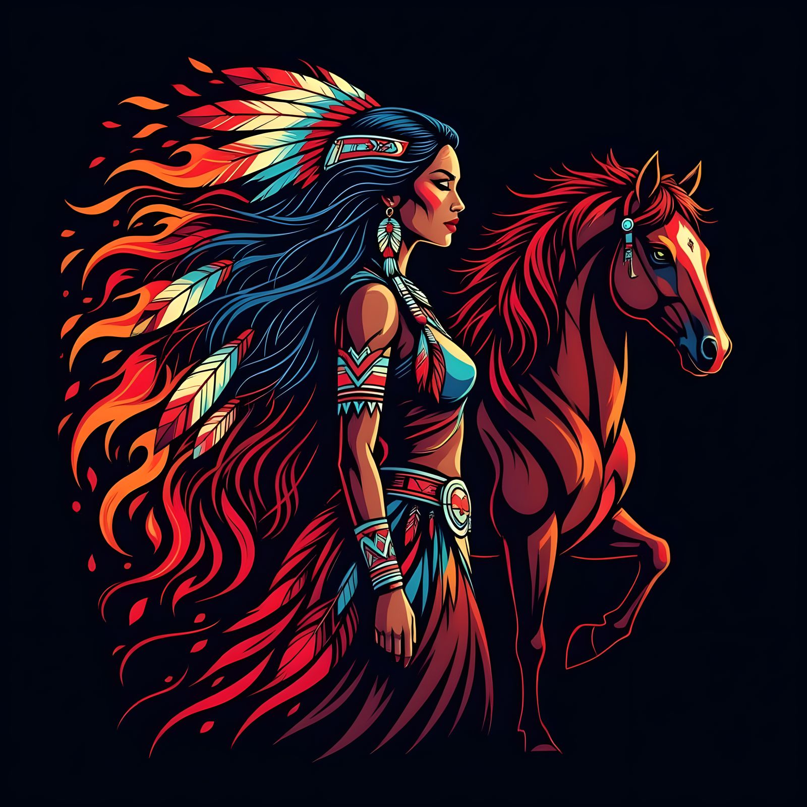 Native American Woman with Horse, Tattoo Style