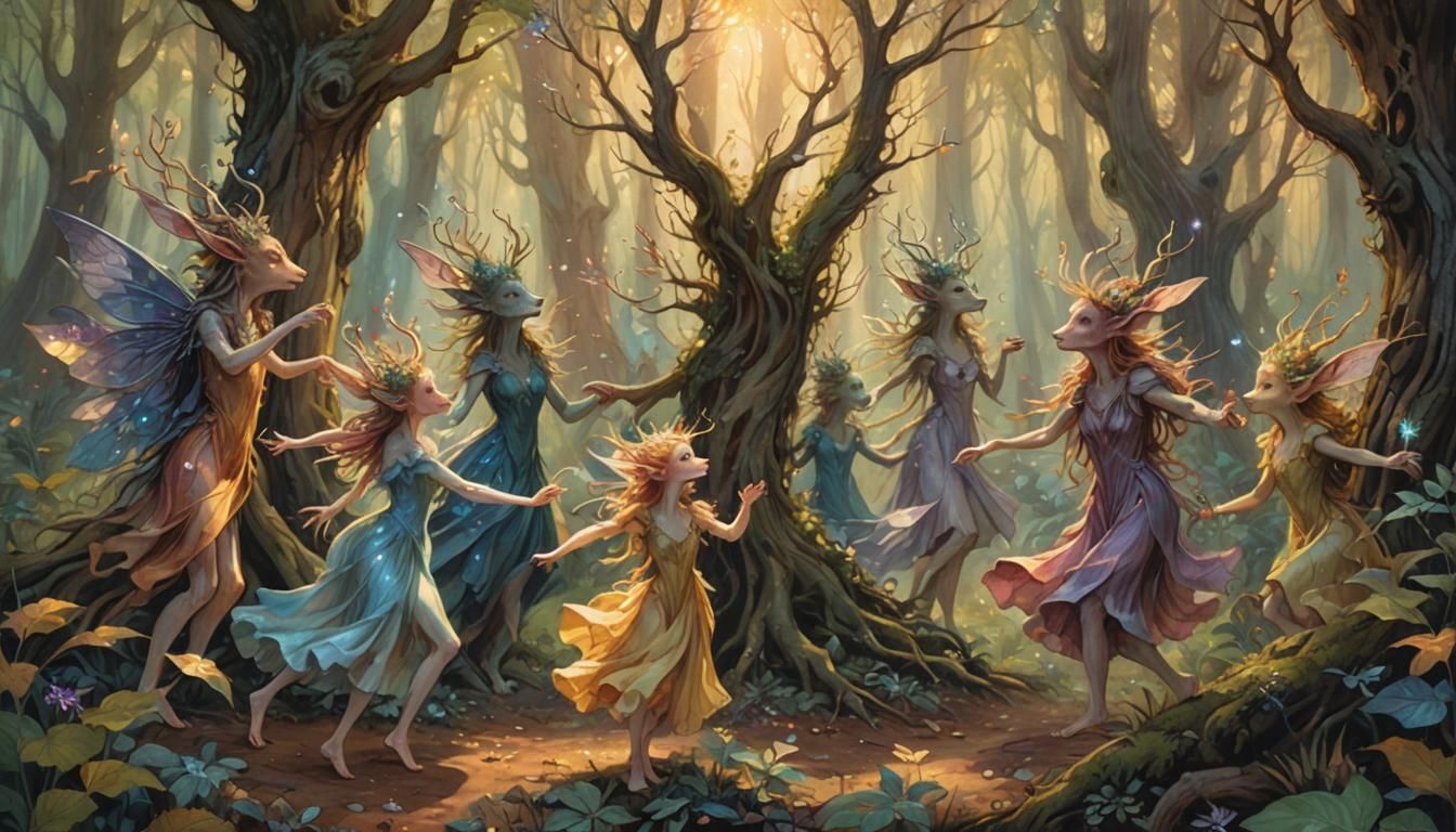 Ents Dancing in Sunlit Forest Clearing