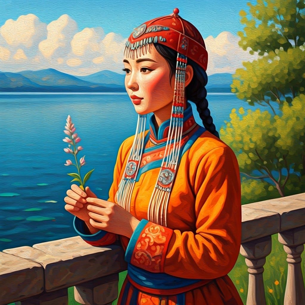 Mongolian Woman in Vibrant Folk Art Style