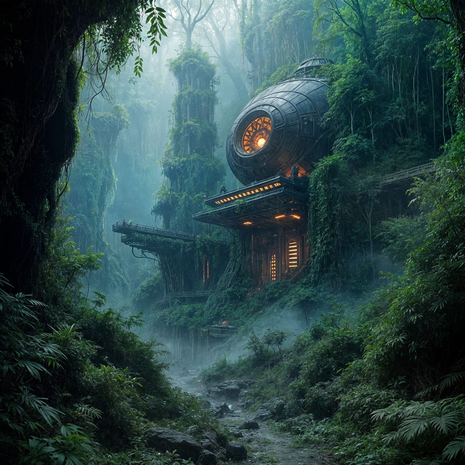 Sleek Cybertronian Base Buried in Jungle with Bioluminescent...