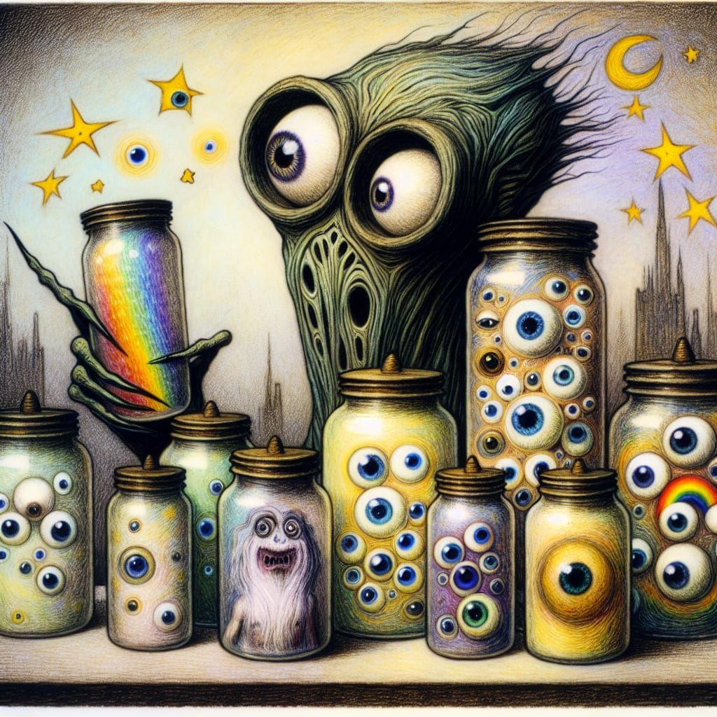 Gothic Creature with Googly Eyes and Dream Jars