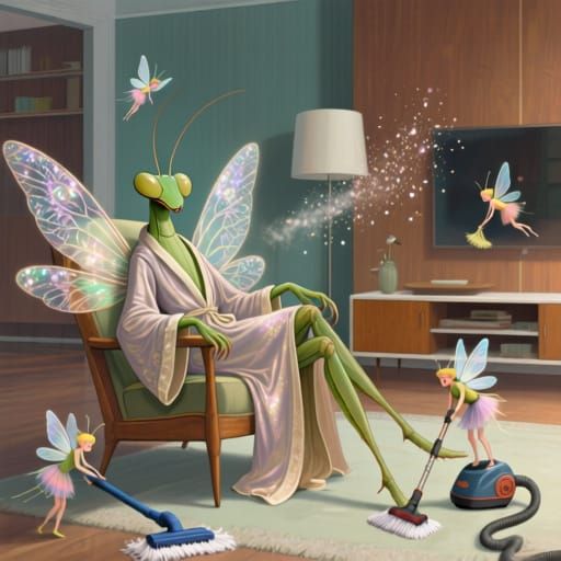 Elegant Mantis in MCM Living Room with Fairies