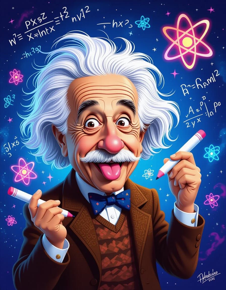 Einstein's Cosmic Scribbles in Surreal Cartoon Style