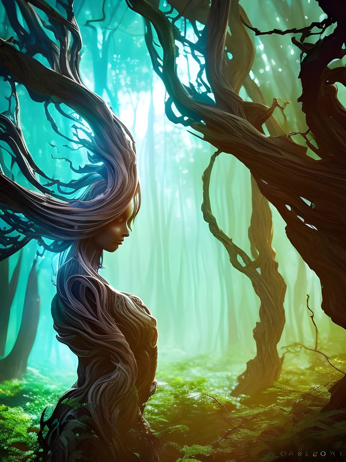 Shadowy Goddess Portrait in Magic Forest