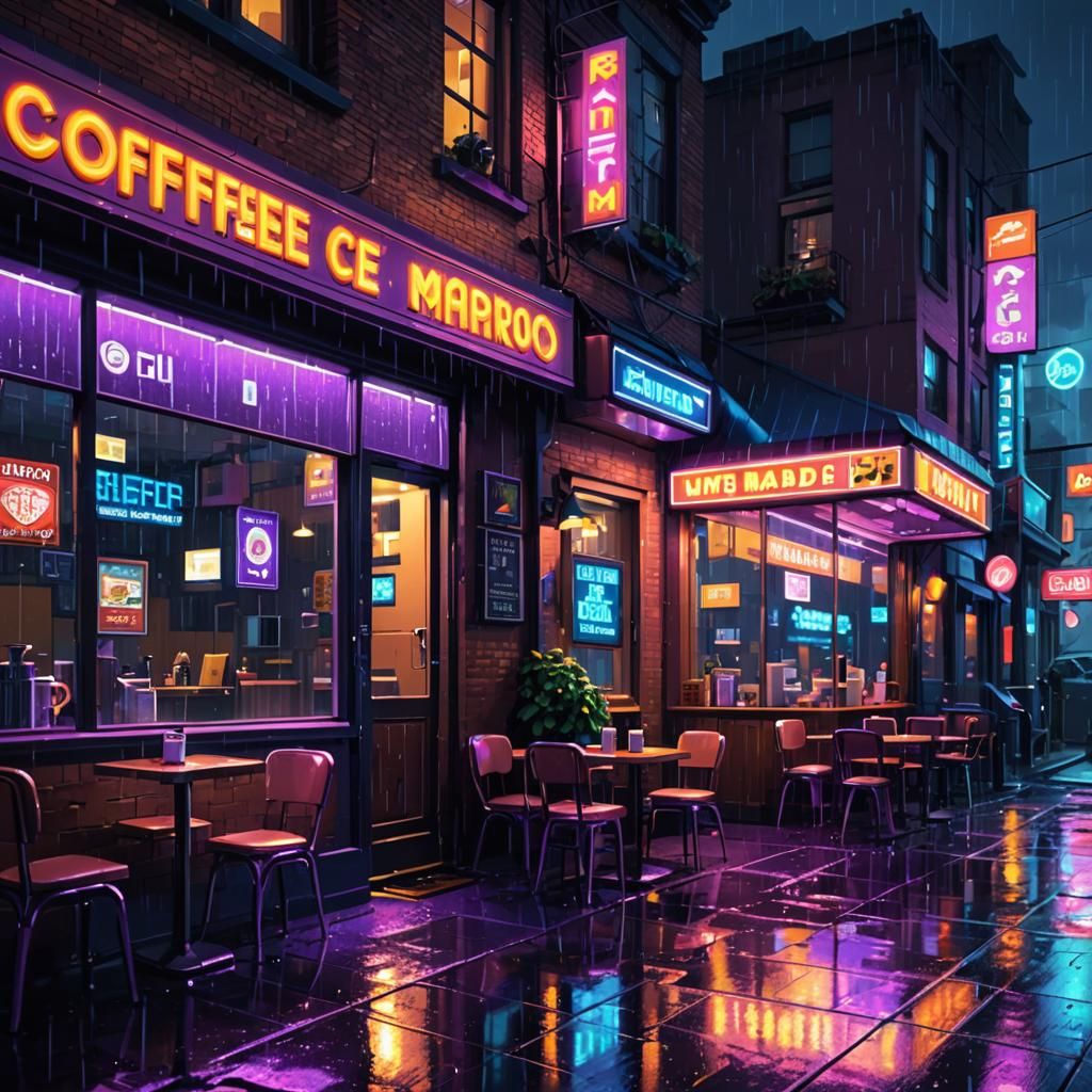 Pixel Art Coffee Shop in Rainy Night