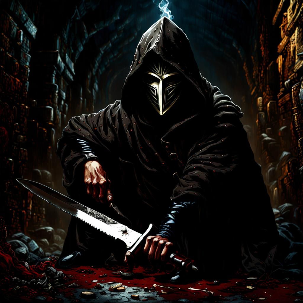 Chiaroscuro Assassin with Knife in Dark Basement