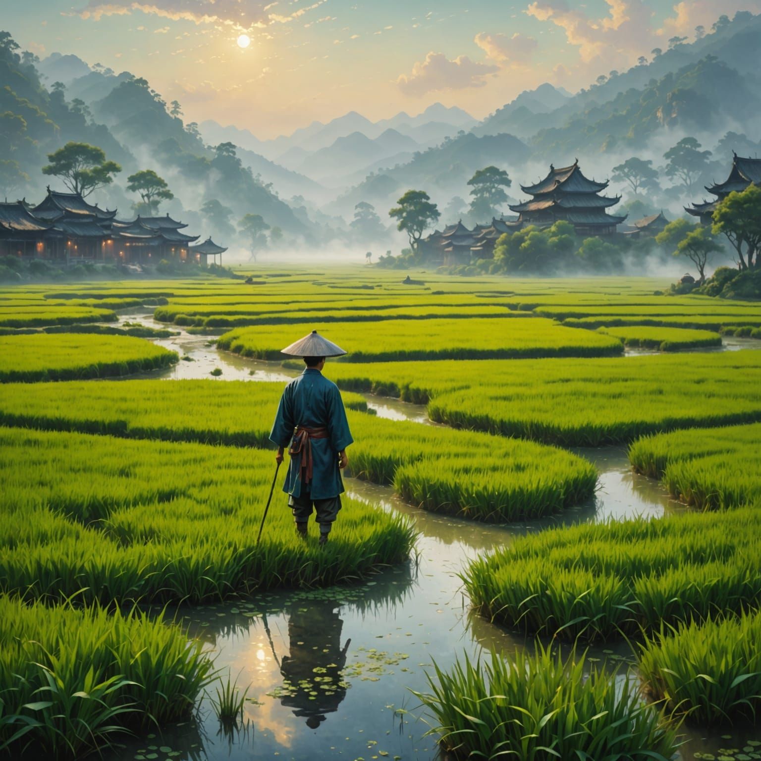 a chinese man in a rice paddy field