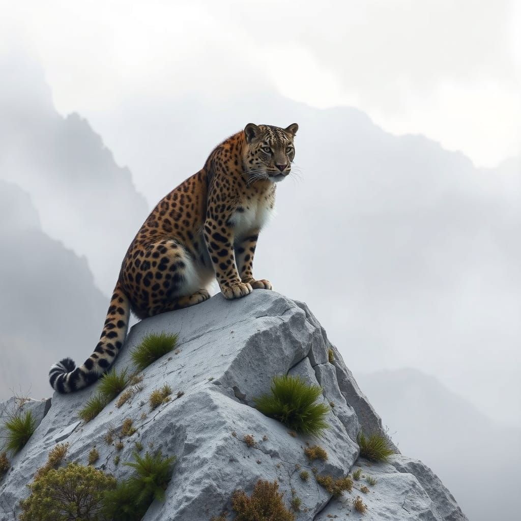 Black and Gold Snow Leopard in Mystical Landscape