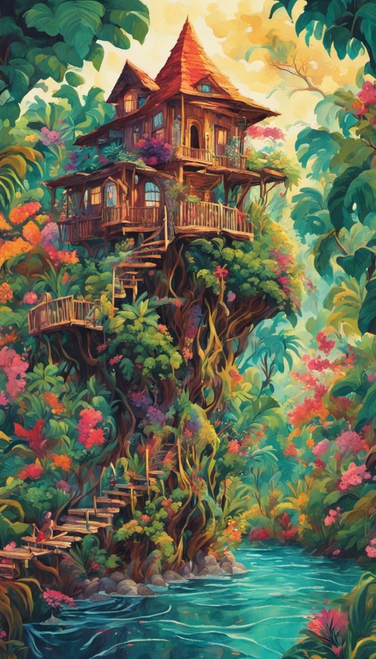 Lush Tropical Treehouse in Gouache Painting Style