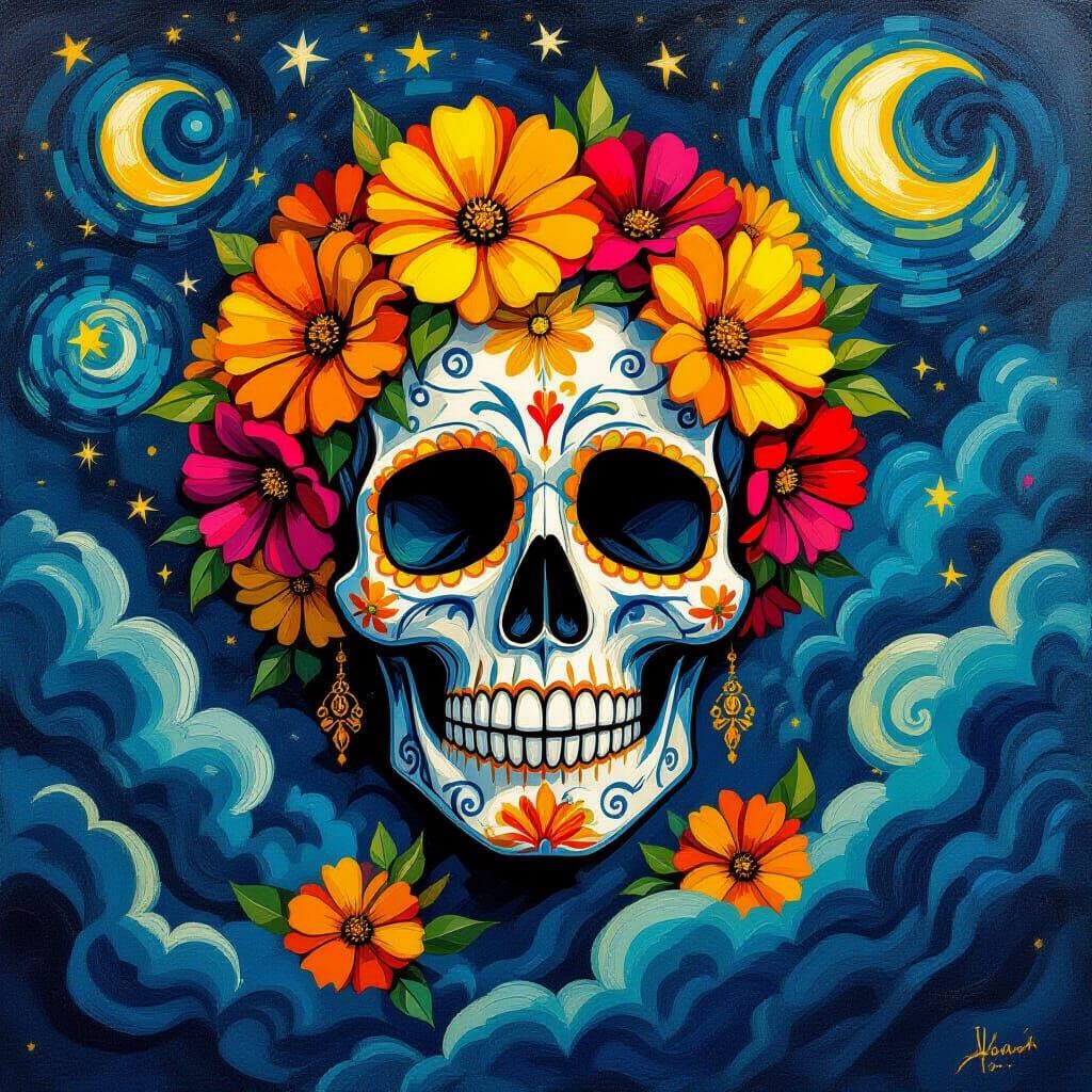 Dia de Muertos Skull in Starry Night Style