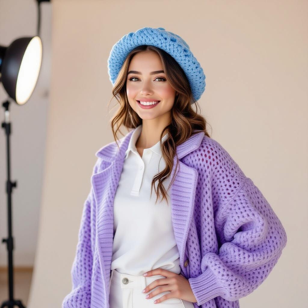 Happy Young Woman in Blue Crochet Hat and Coat