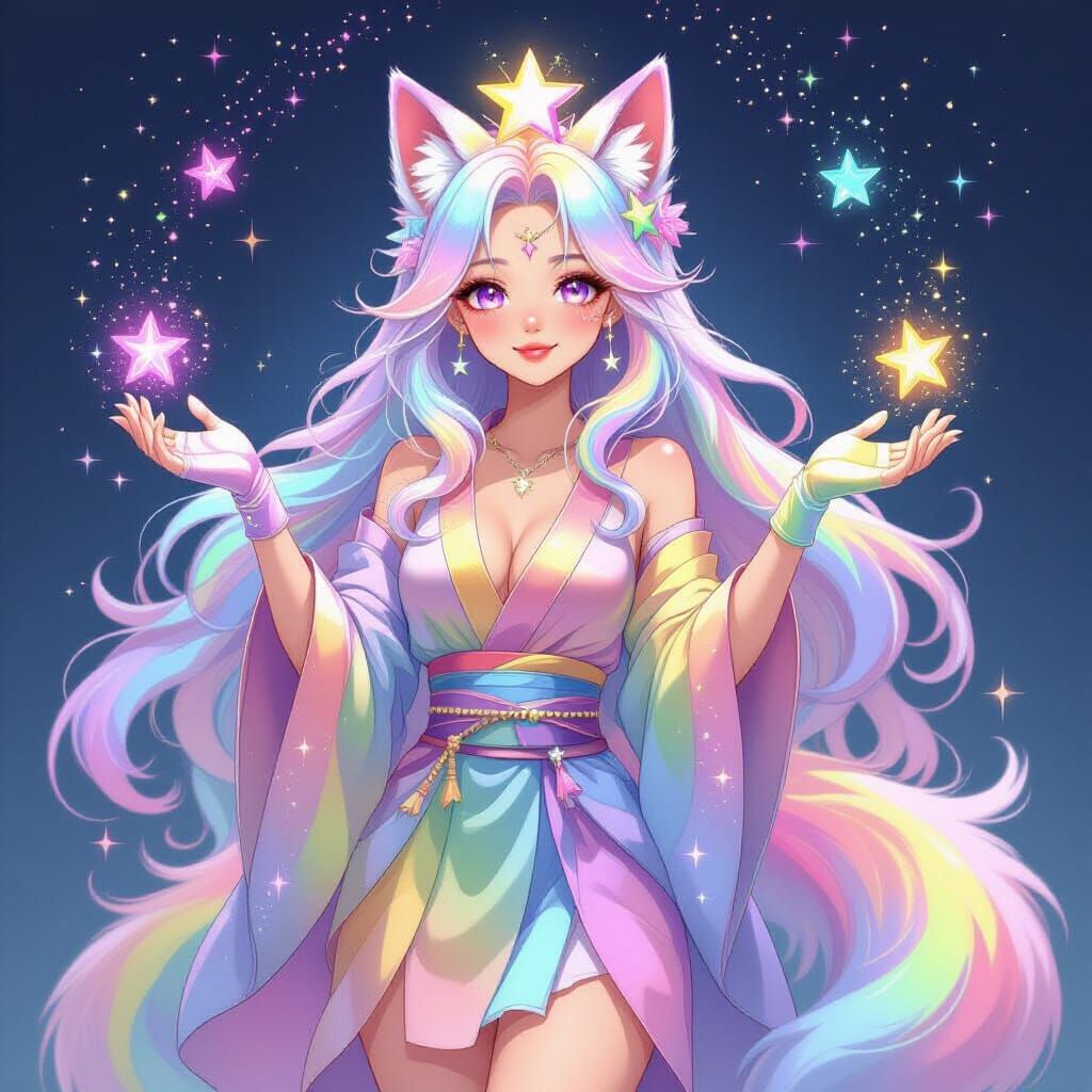 Rainbow Stardust Kitsune with Silky Robe and Star Crown
